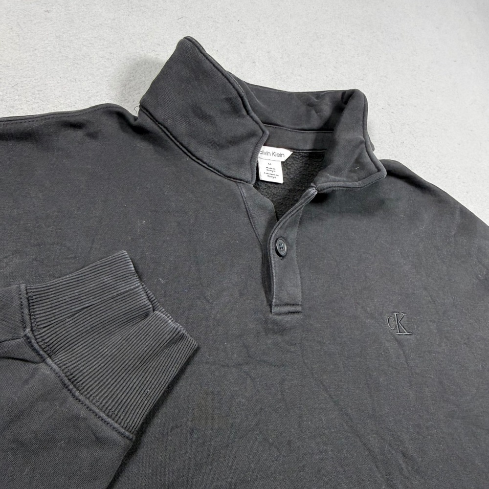 Calvin Klein Mens Black Fleece Lined Button Collar Sweatshirt Pullover Size M